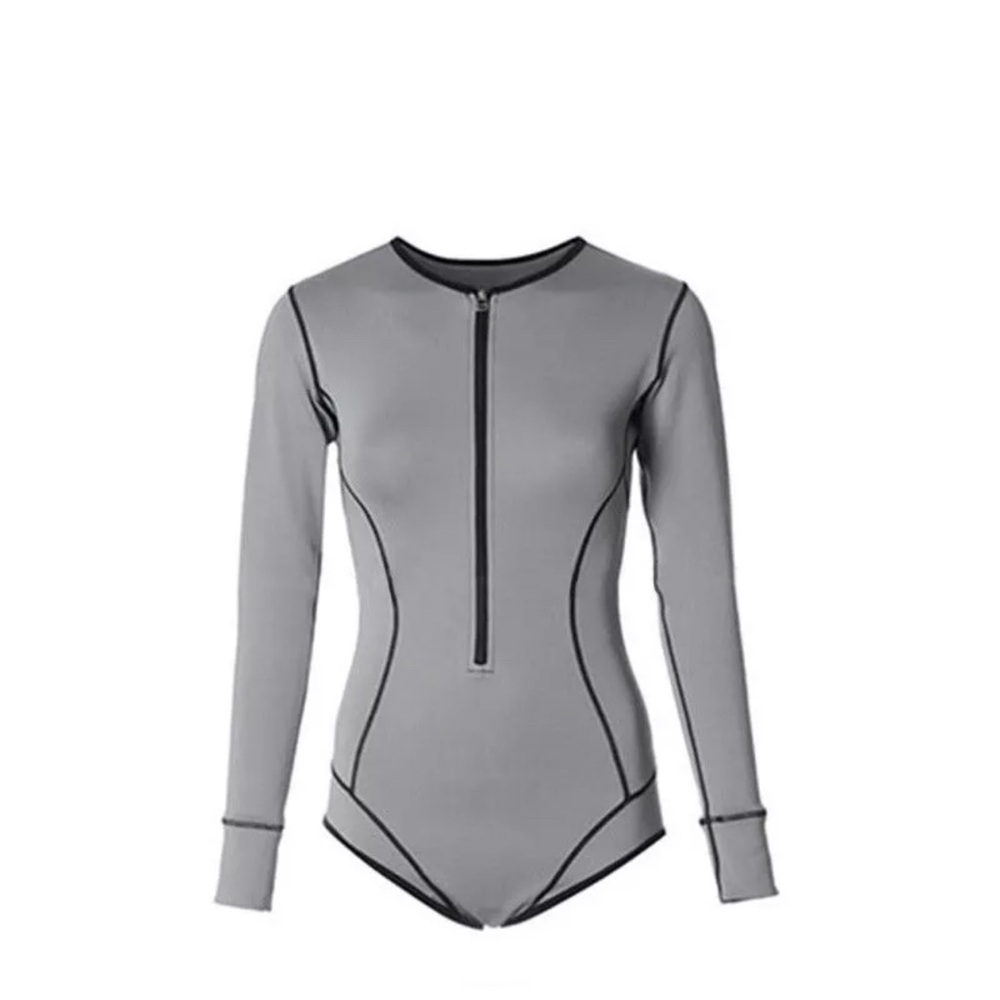 Women’s Long Sleeves Swimsuit by DAZY, Gray with Black Trimmings Sz M